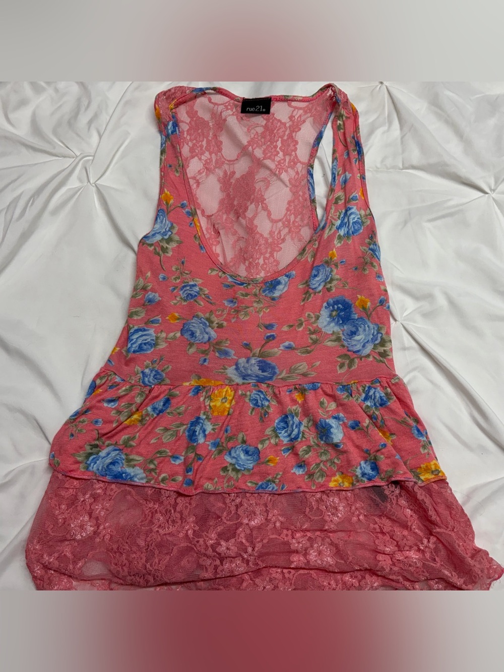 Rue21 Pink Floral Lace Peplum Tank with Blue Roses